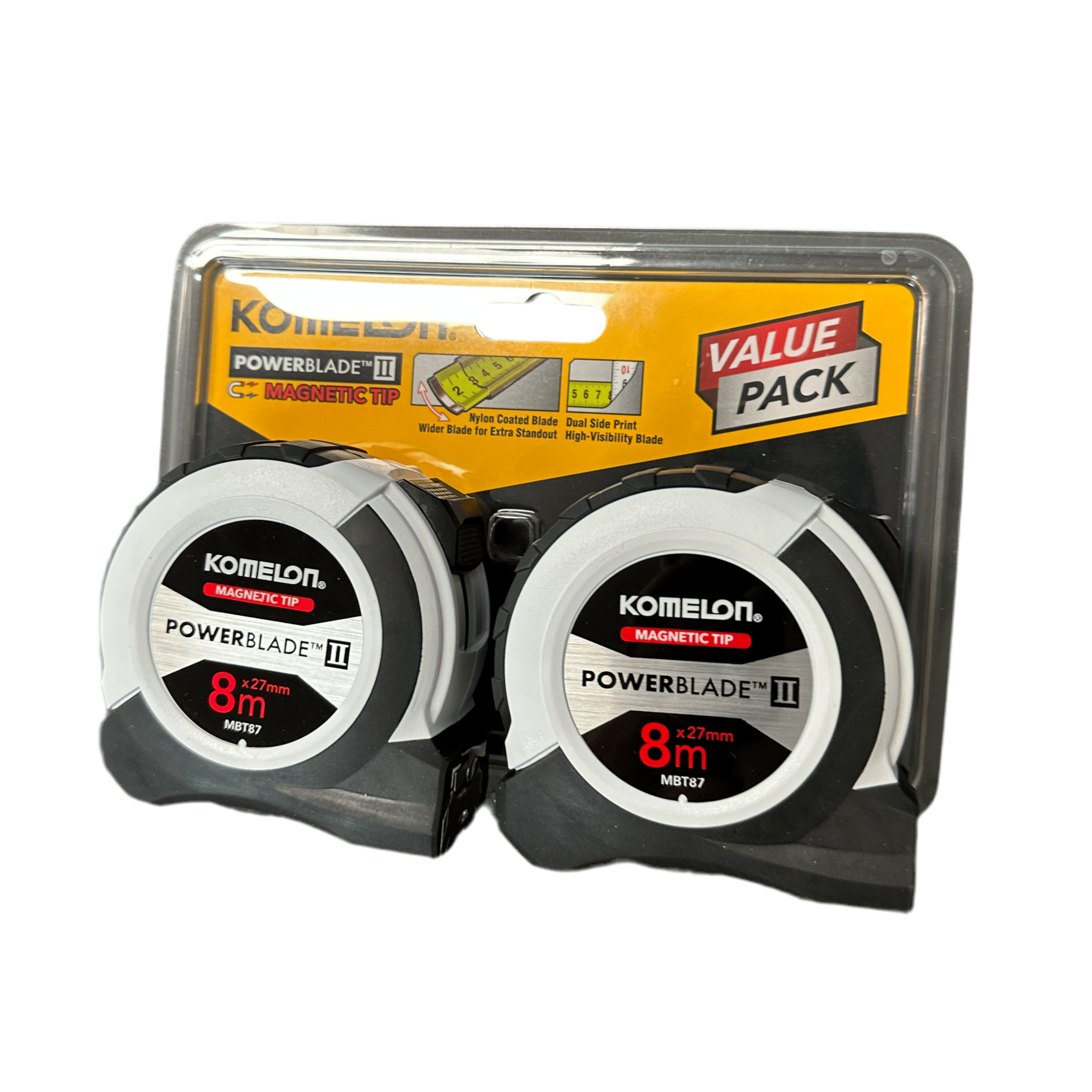 *Limited Edition* Komelon 8m x 27mm Power Blade Tape Measure Twin Pack MBT1787