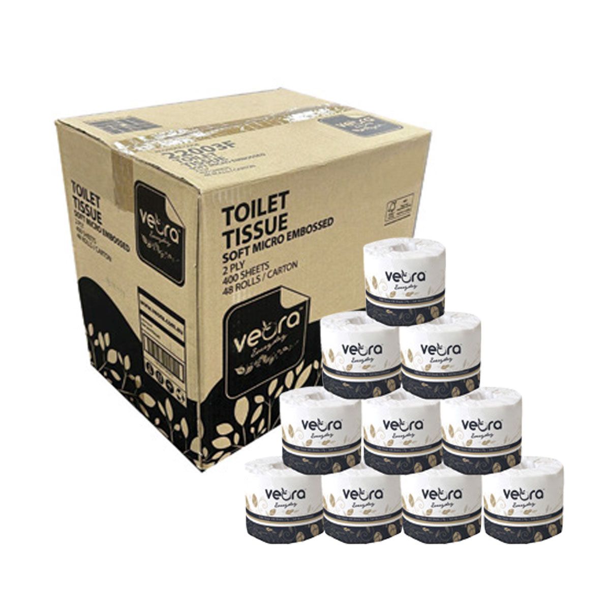 Veora Box of 48 Rolls 400 Sheet 2 Ply Soft Micro Embossed Premium Individually Wrapped Toilet Paper (Plastic Free Packaging) | 48 Pack