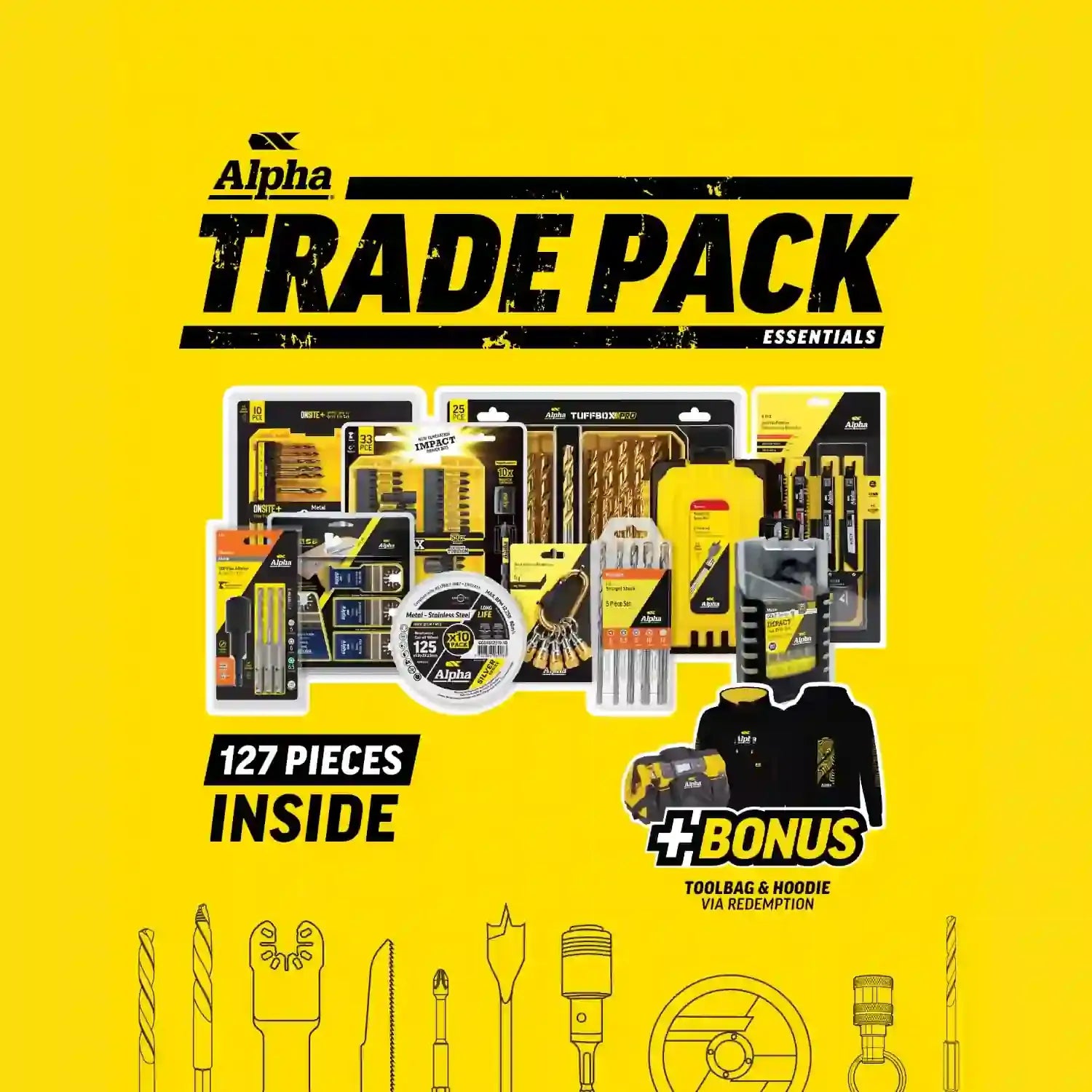 Alpha ATP01 Advantage Trade Pack Essentials – 127 Piece Tradie Accessory Kit | Bonus Tool Bag & Hoodie via Redemption
