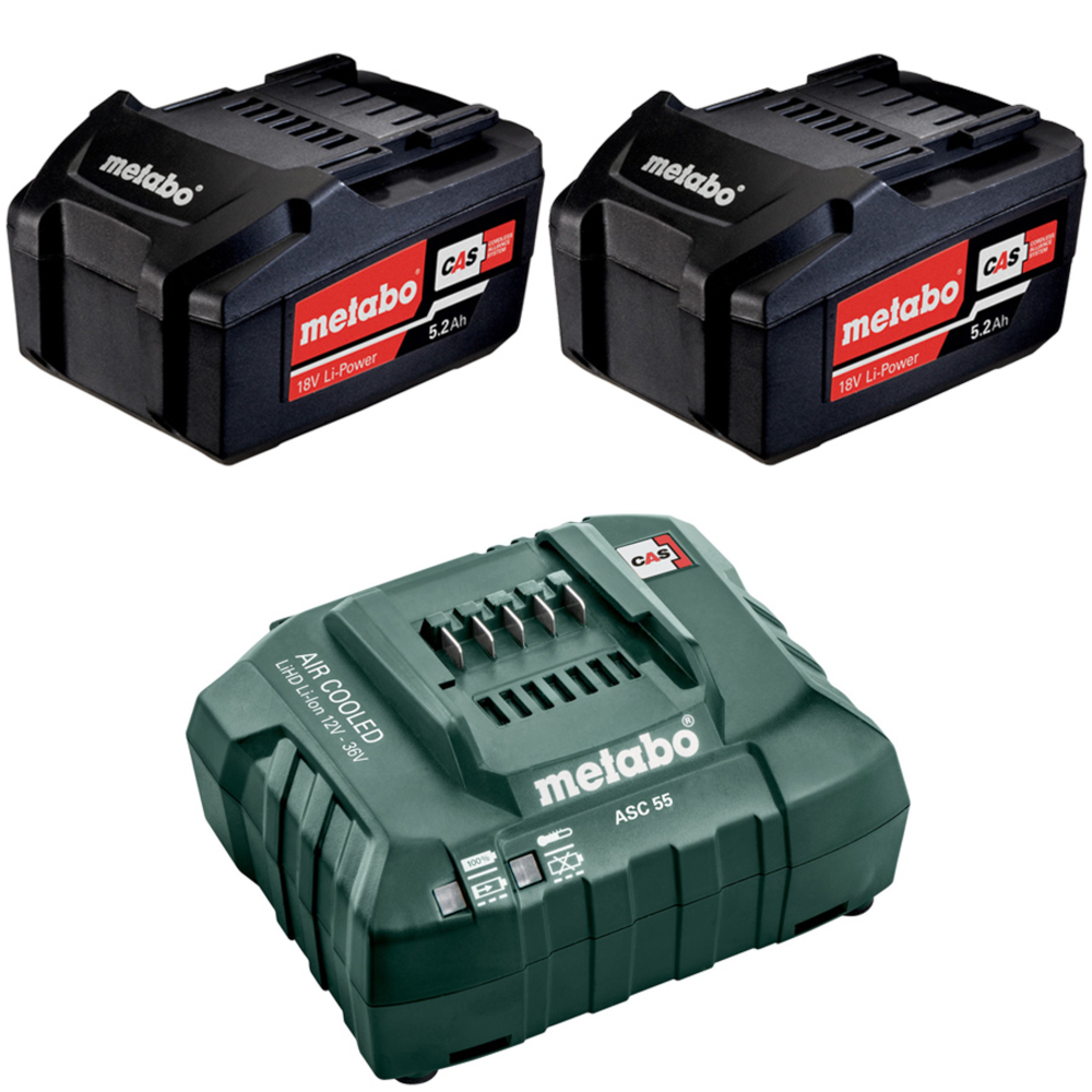 2x 18V 5.2Ah Battery Plus ASC55 Air Cooled Charger AU32100521 by Metabo