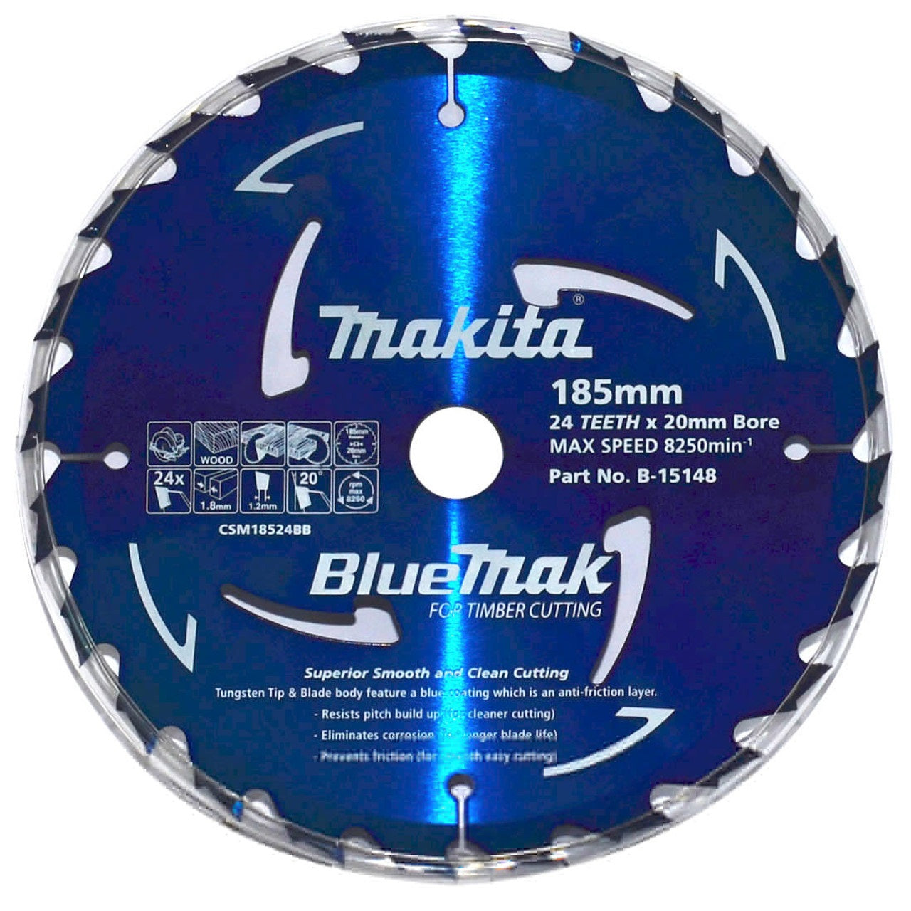 185mm (7-1/4″) x 20mm Bore 24 Teeth TCT Circular Saw Blue Mak Blade B-15148 by Makita