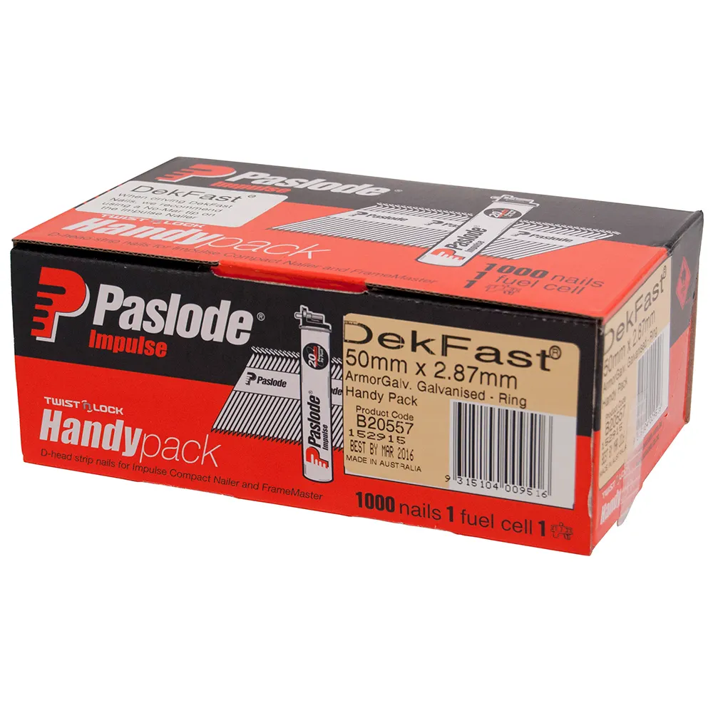 50 x 2.87mm DekFast Galvanised Impulse D Head Nails with Fuel (1000 Pack + 1 Fuel Cell) B20557 by Paslode