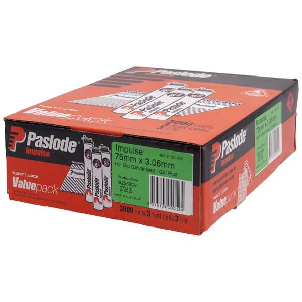 75mm x 3.06mm Hot Dip Galvanised Impulse D Head Nails (3000Pce + 3 Fuel Cells) B20569V by Paslode