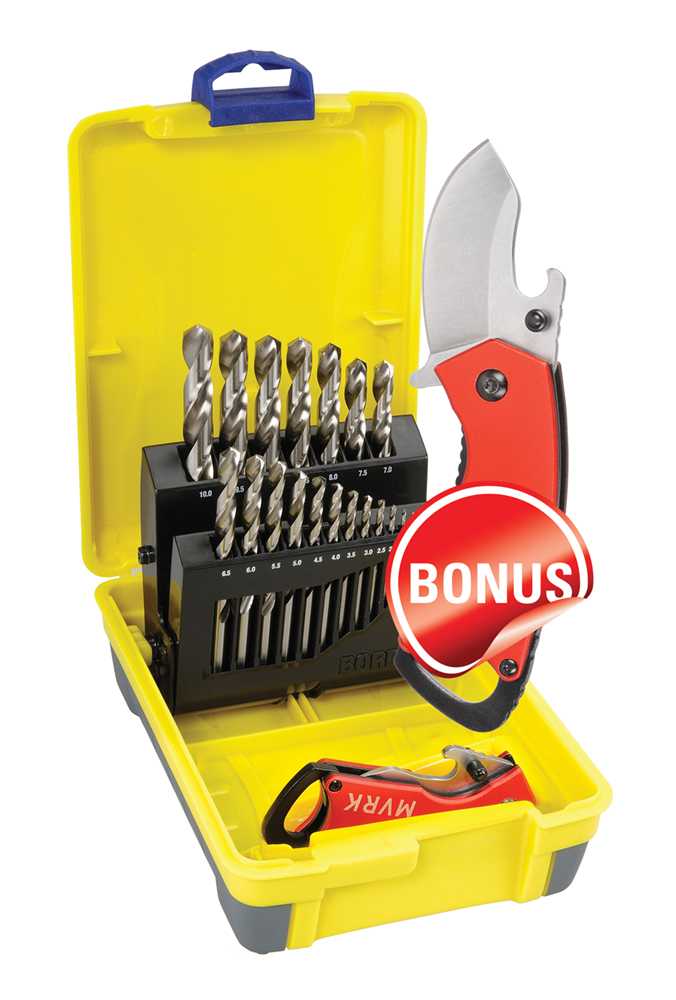 1-10mm 19Pce HSS Bright Metric Yellow Drill Bit Set with Bonus Stubbie Folding Knife by 2007-M2-C18 Bordo