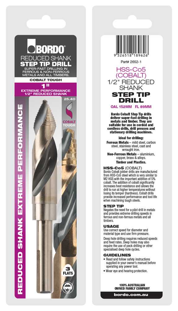 Bordo 1/2” Reduced Shank Imperial Step Tip Drill Bits