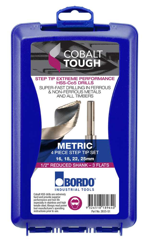Bordo 16-25mm 4 Piece HSS-Co5 (Cobalt) 1/2” Reduced Shank Step Tip Drill Set 2655-S1