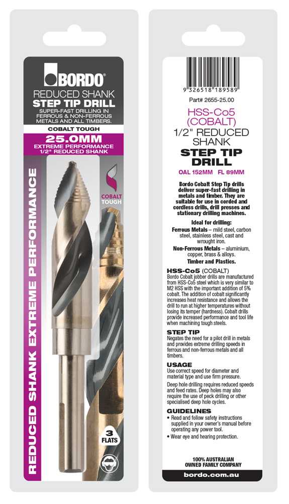 Bordo 1/2” Reduced Shank Step Tip Drill Bits
