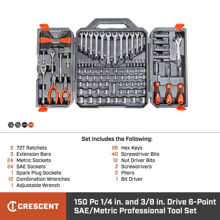 Crescent 150Pce 1/4" and 3/8" Drive 6 Point SAE/Metric Professional Tool Set CTK150