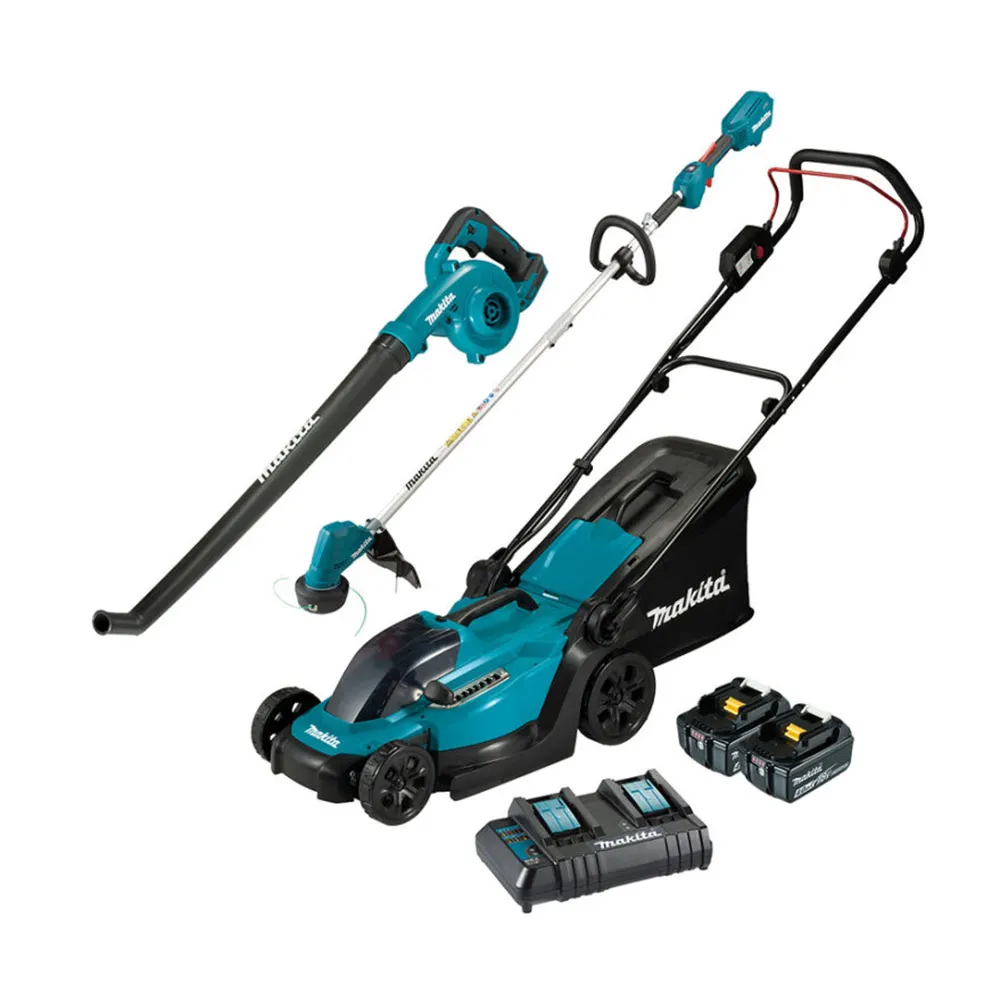 3Pce 18V 330mm (13") Lawn Mower + Blower + Line Trimmer Kit DLX3188CM by Makita