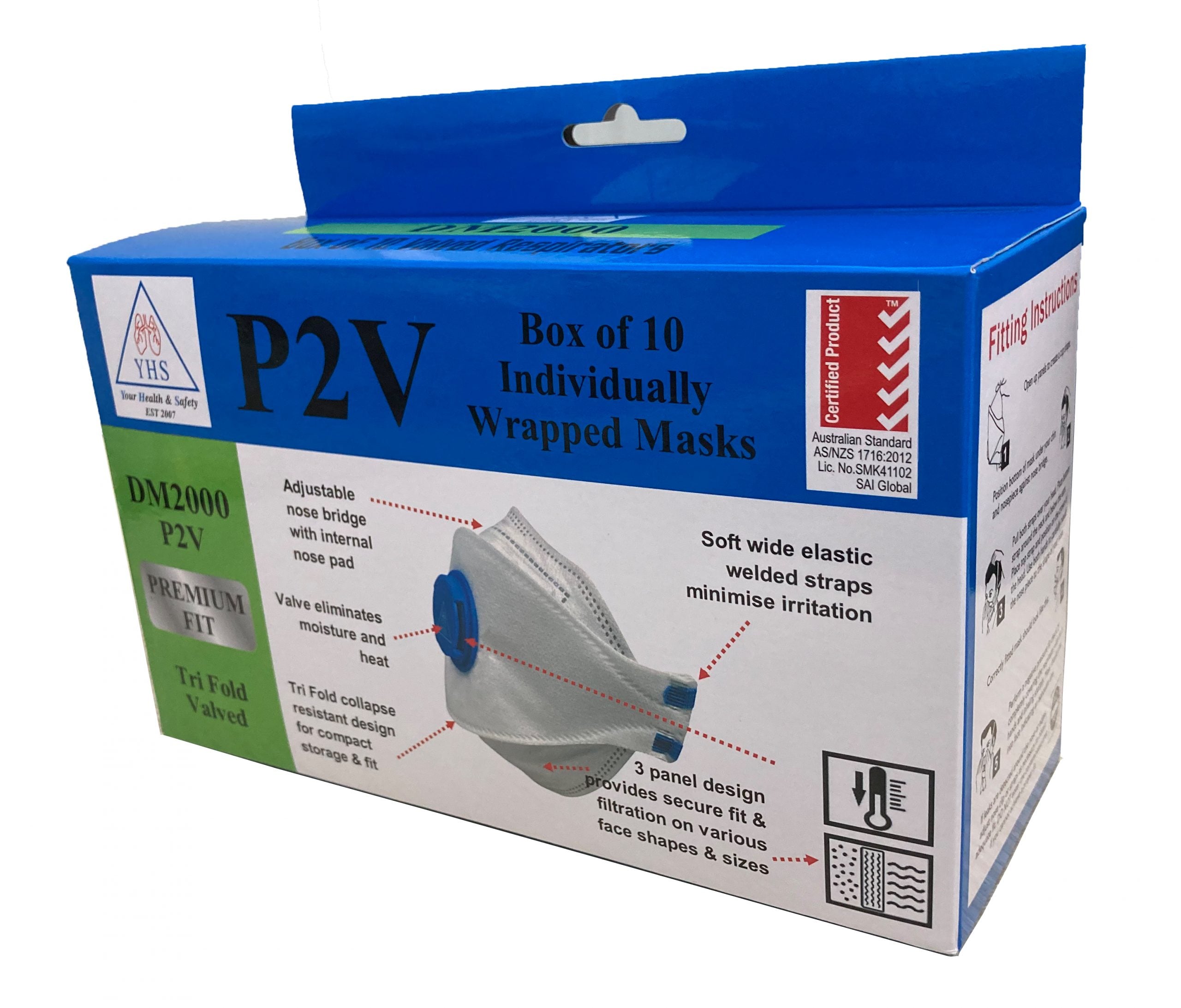 10Pce Premium Tri Fold Mask Respirators P2V Disposable Folding DM2000 by YHS