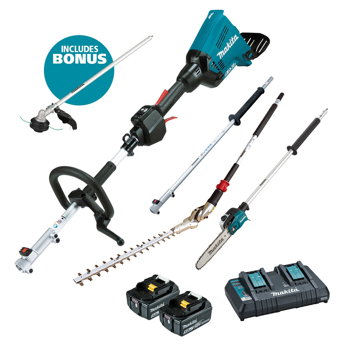 18Vx2 5.0Ah Brushless Multi-Function Powerhead, Ext Pole, Hedge Trimmer & Pole Saw Kit DUX60PSHPT2-B by Makita