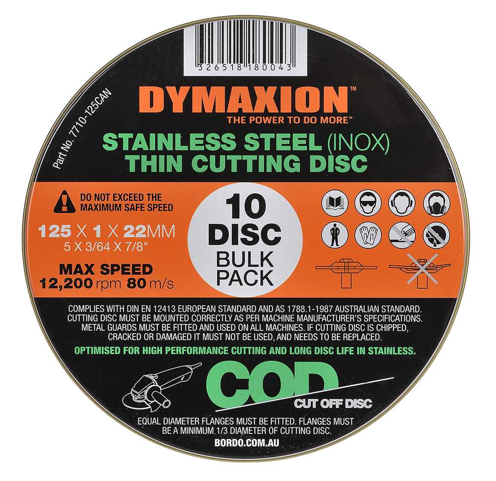 Dymaxion 10Pce 125mm x 1mm x 22mm Metal Cutting Discs - Suit Stainless Steel Cutting (Inox)