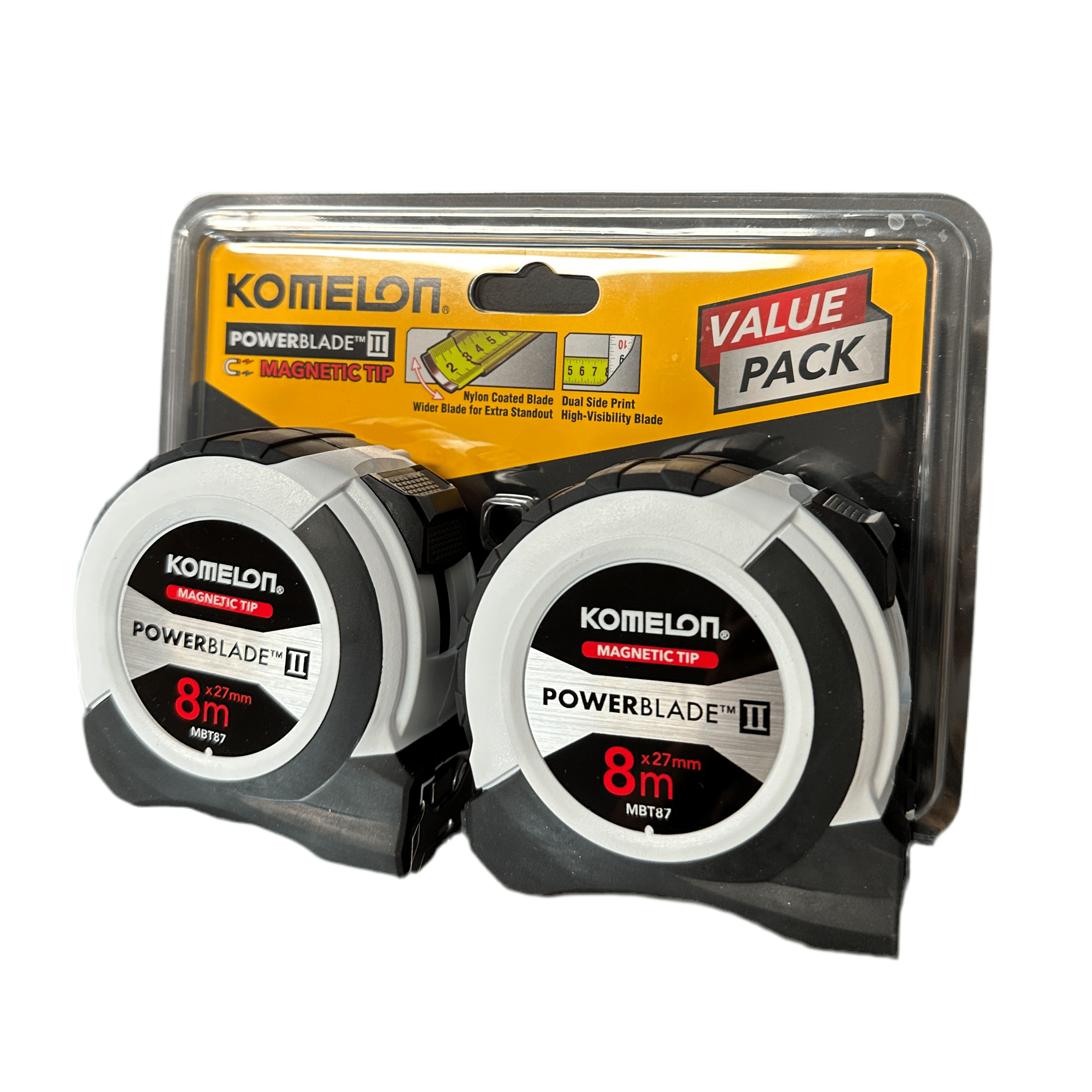 *Limited Edition* Komelon 8m x 27mm Power Blade Tape Measure Twin Pack MBT1787