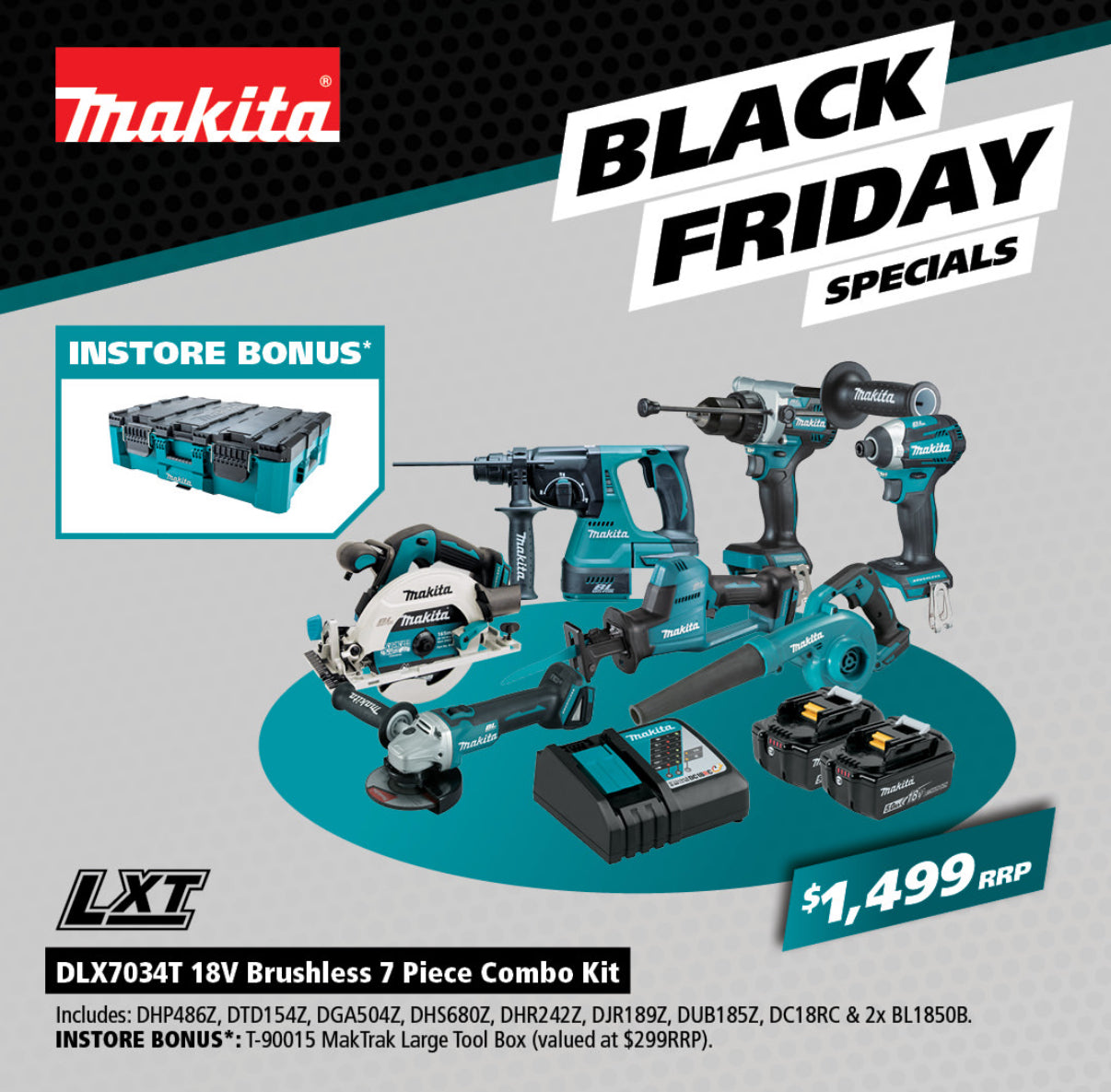 Makita 7Pce 18V 5Ah Brushless Combo Kit DLX7034T *Limited Edition - Bonus Maktrak T-90015*