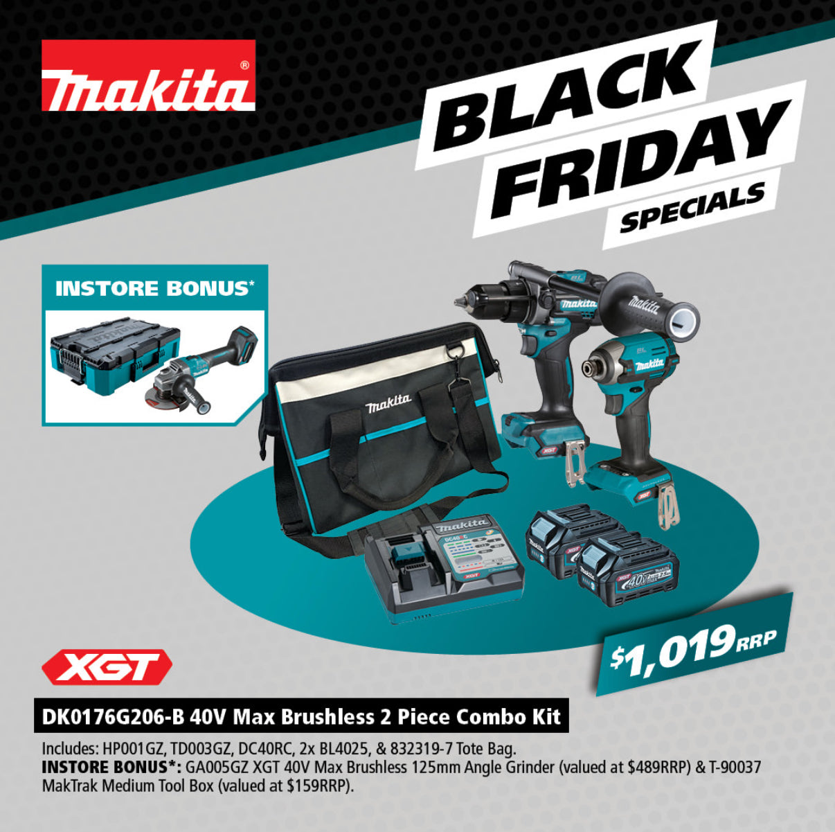 Makita 2Pce 40V Max Brushless 2Pce Combo Hammer Drill + Impact Driver Kit DK0176G206-B *Limited Edition - Bonus Grinder GA005GZ + Bonus T-90037 Maktrak Medium Tool Box*