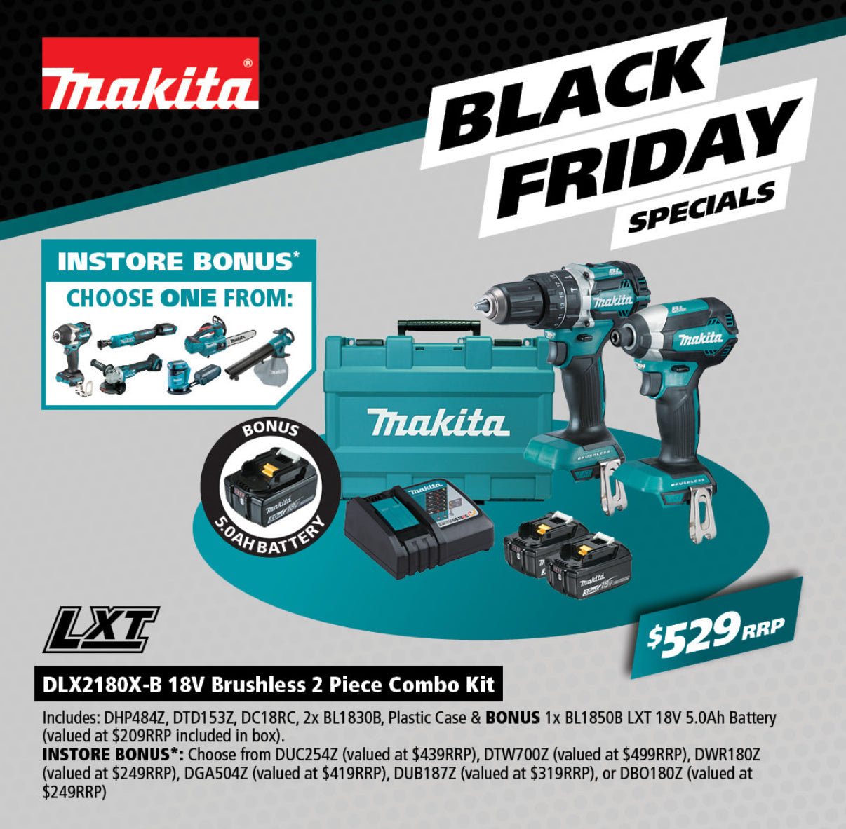 Makita 2Pce 18V 3Ah Brushless Hammer Drill + Impact Driver Kit DLX2180X-B *Limited Edition - Bonus 5Ah Battery + Bonus Skin*