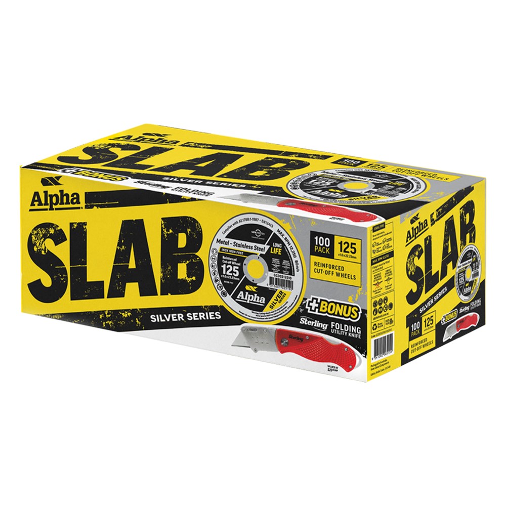 Alpha Slab 125mm x 1mm x 100 Pack Silver Series Cutting Disc Bonus Sterling Folding Utility Knife GCDSS12510-100FK1