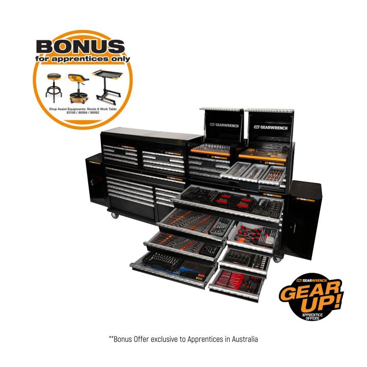 989 Piece Combination Tool Kit + 28" Chests (x4) + 58" Trolleys (x2) + Side Cabinets (x2) 77666 by GearWrench