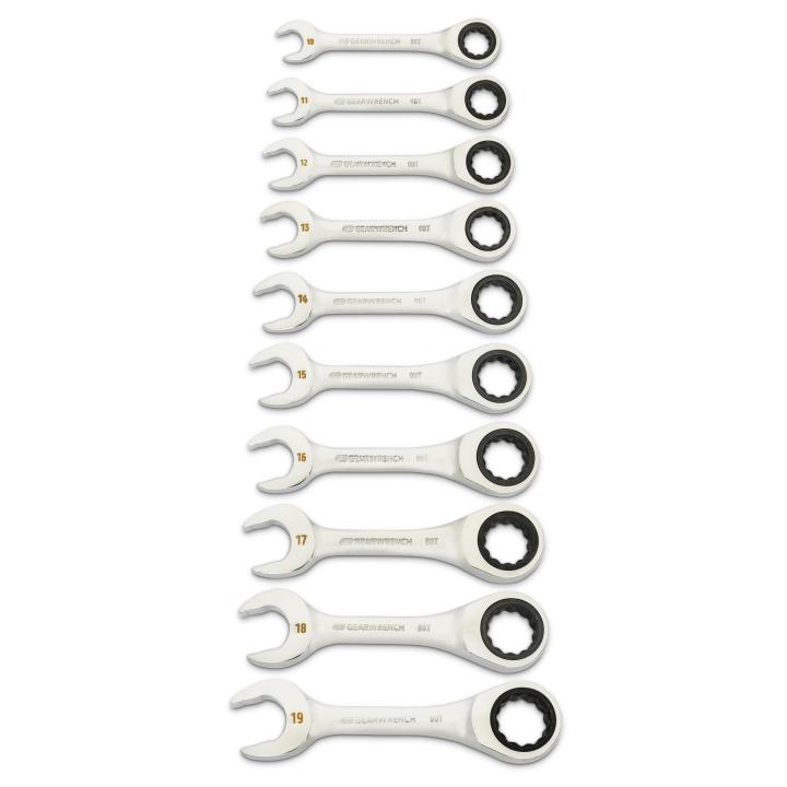 GEARWRENCH 10Pce 90-Tooth 12 Point Metric Stubby Ratcheting Combination Wrench Set 86850