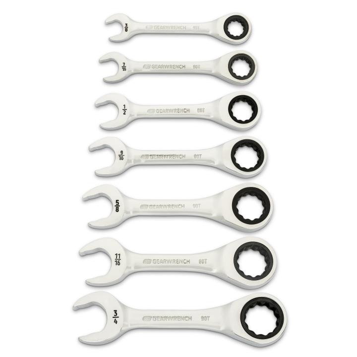 GEARWRENCH 7Pce 90-Tooth 12 Point SAE Stubby Ratcheting Combination Wrench Set 86858