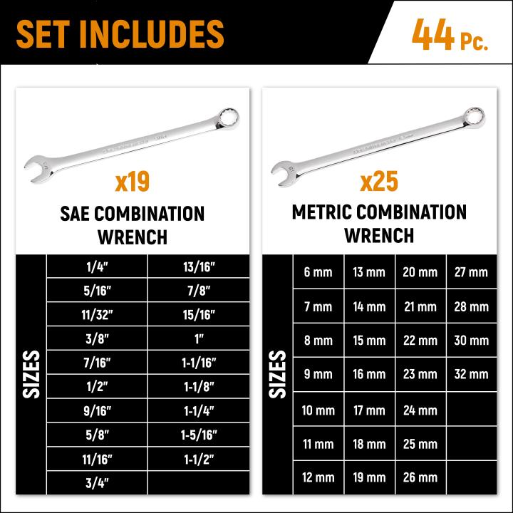 44Pce 12 Point Long Pattern Combination Metric & SAE Wrench Set 81919 by Gearwrench