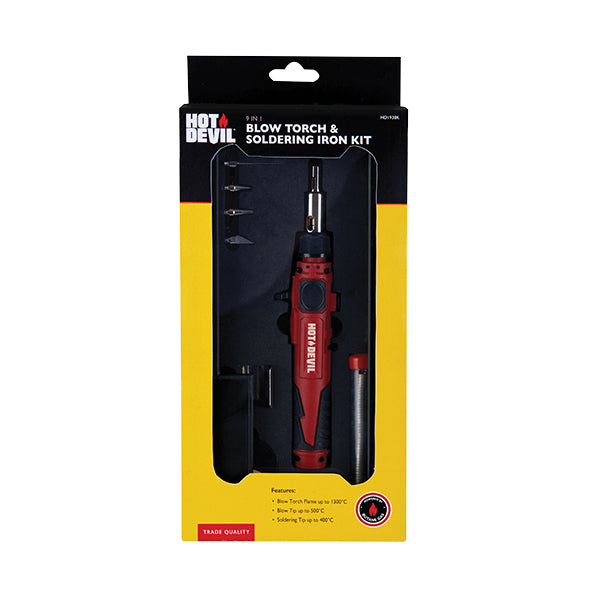 Hot Devil Cordless Gas Blow Torch & Soldering Iron 9 in 1 Kit HD1938K