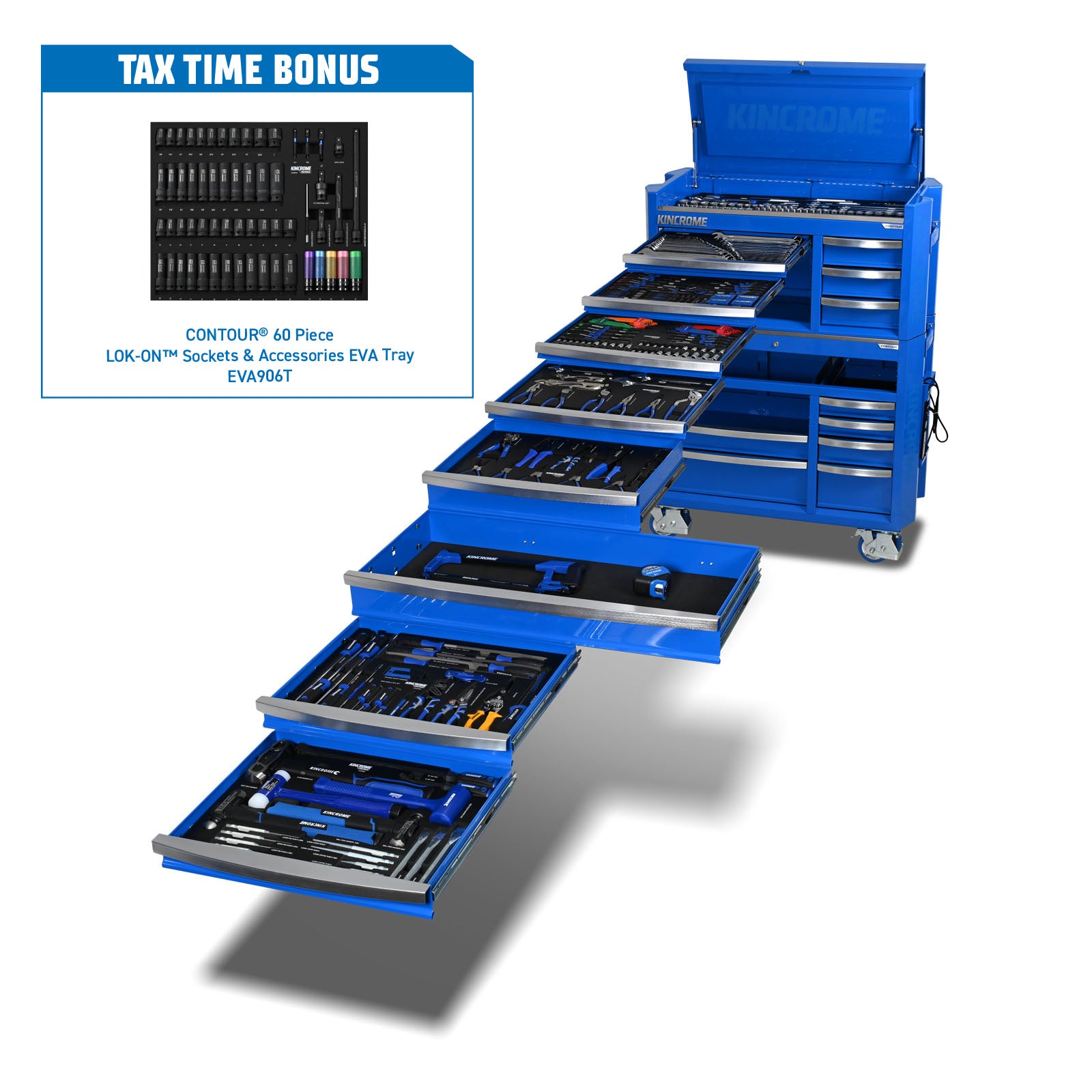 Kincrome CONTOUR® 545Pce 17 Drawer (42") Workshop Tool Kit | Blue K1958BO | Black K1958BBO