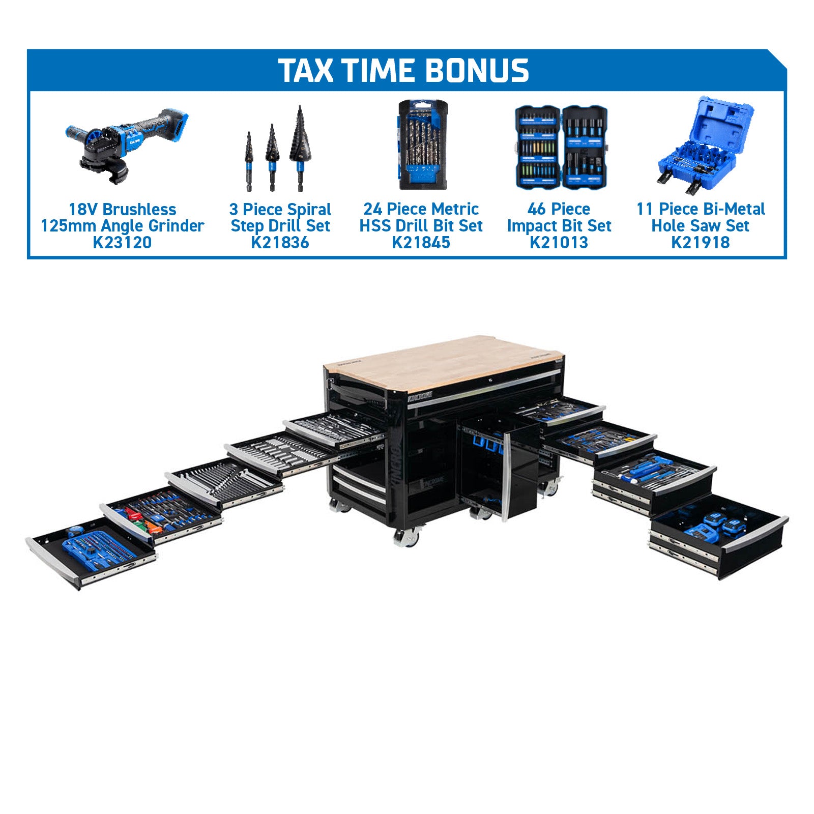 Kincrome CONTOUR® 494Pce 13 Drawer (60") Workstation Tool Kit | Blue K1971BO | Black K1971BBO