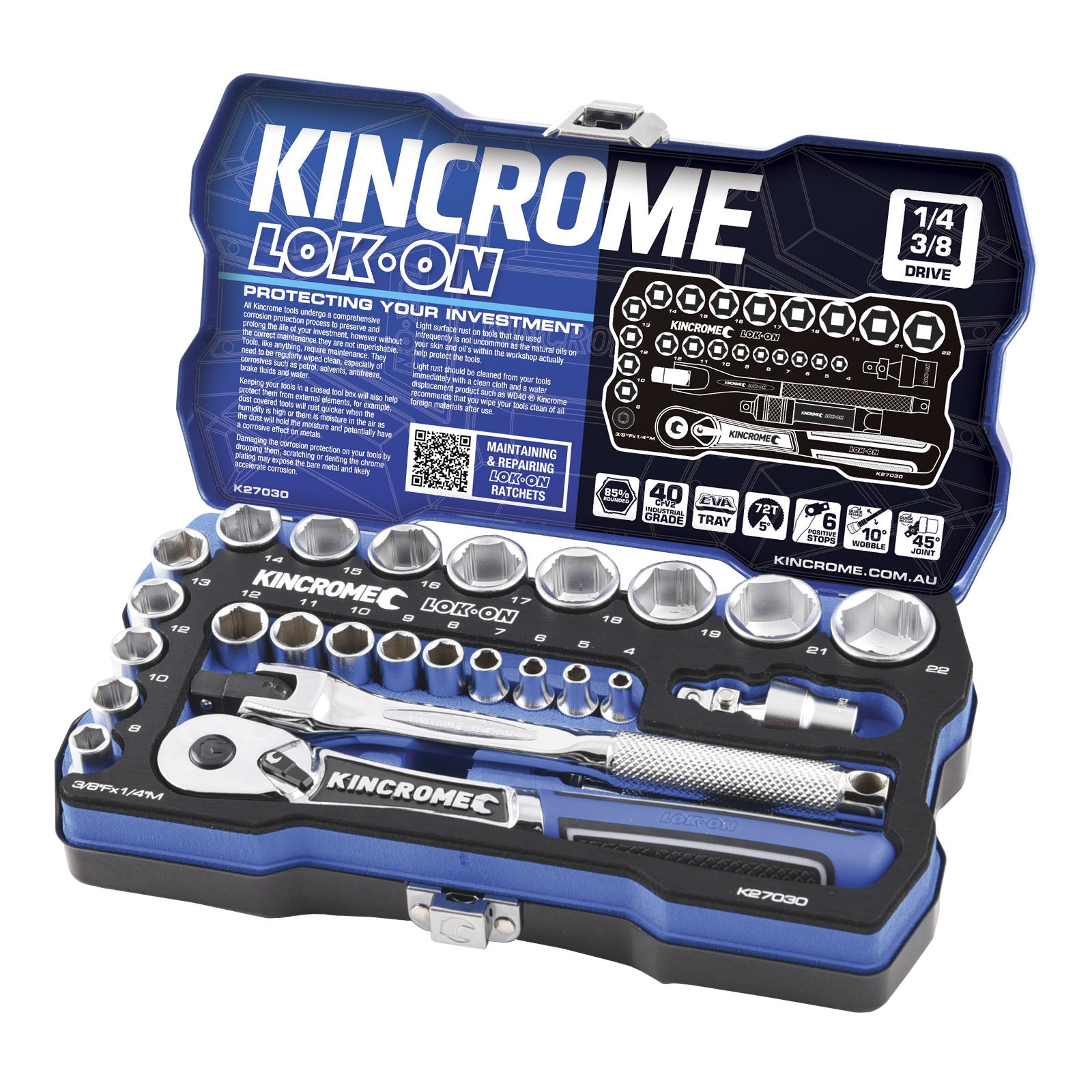 Kincrome 26Pce Socket Set 1/4" + 3/8" Metric Lok-On K27030