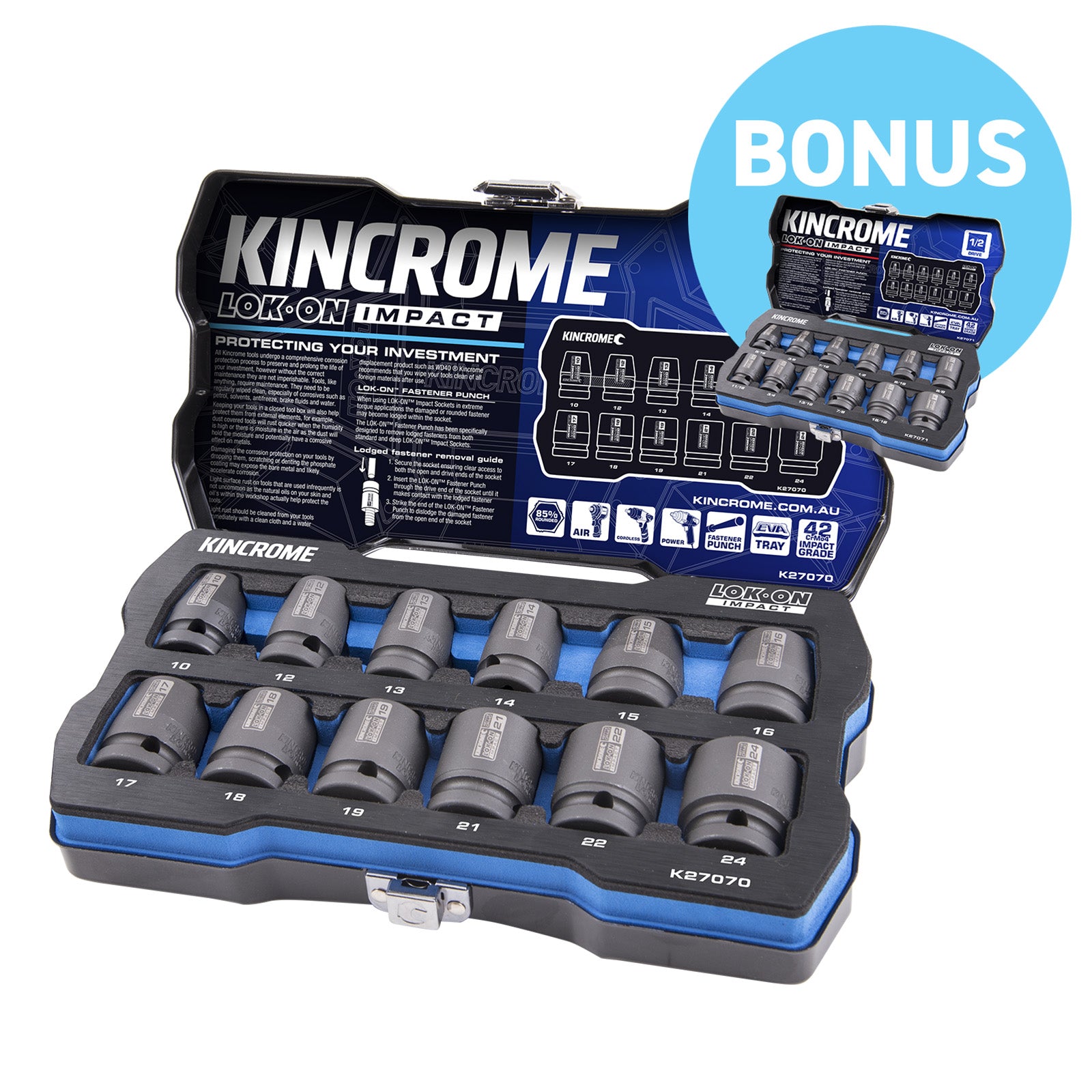 Kincrome  LOK-ON™ Impact Socket Set 12Pce 1/2" Drive 10-24mm Metric & Imperial K27070 & K27071 BUNDLE K27070B