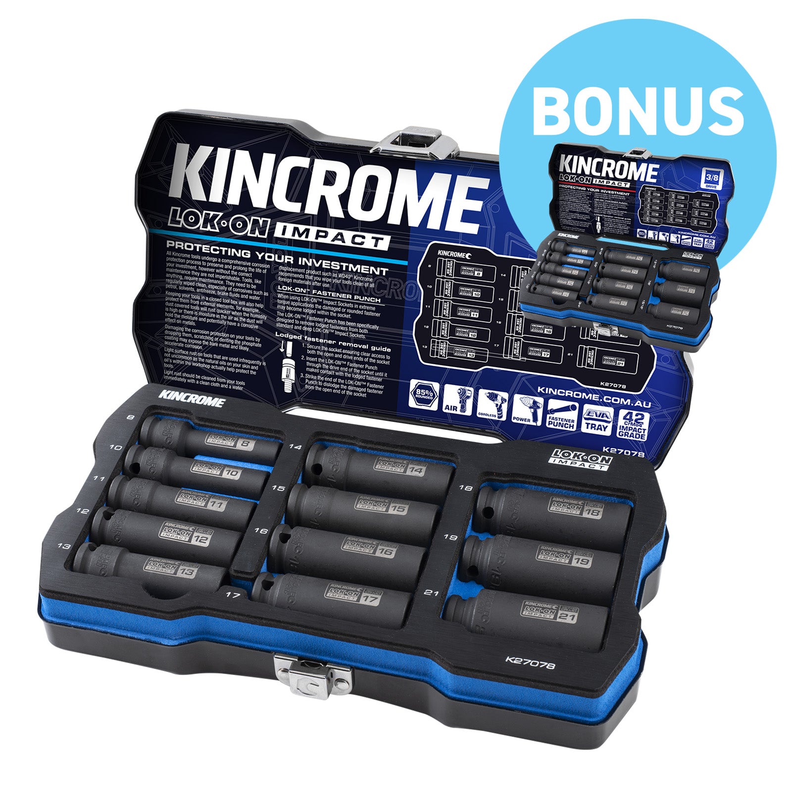 Kincrome LOK-ON™ Deep Impact Socket Set 3/8" Drive 12Pce Metric & 12Pce Imperial K27078 & K27079 BUNDLE K27078B
