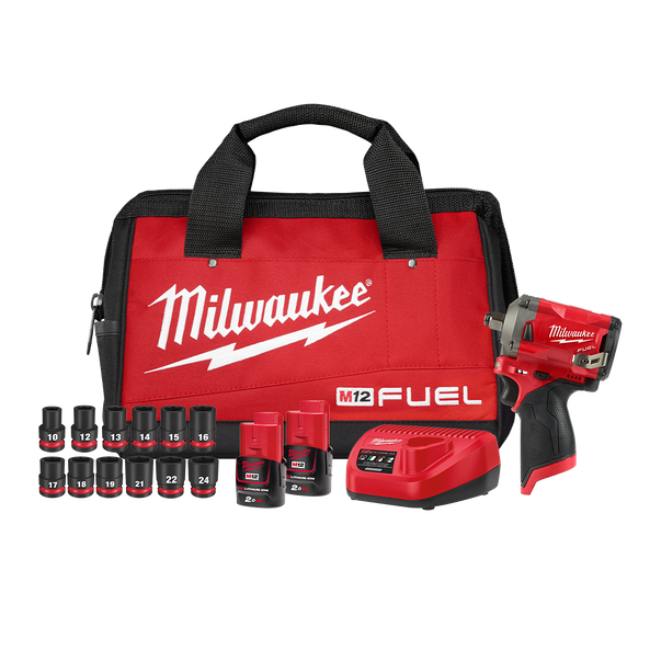 12V FUEL™ 1/2" Stubby Impact Wrench Socket Kit W/ Friction Ring M12FIWF12202BS by Milwaukee