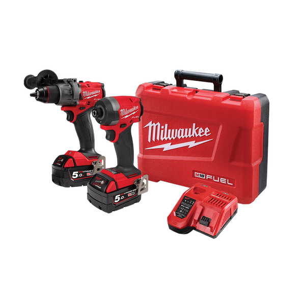 2Pce 18V 5.0Ah FUEL™ Hammer Drill + Impact Driver Kit M18FPP2AA3502C by Milwaukee