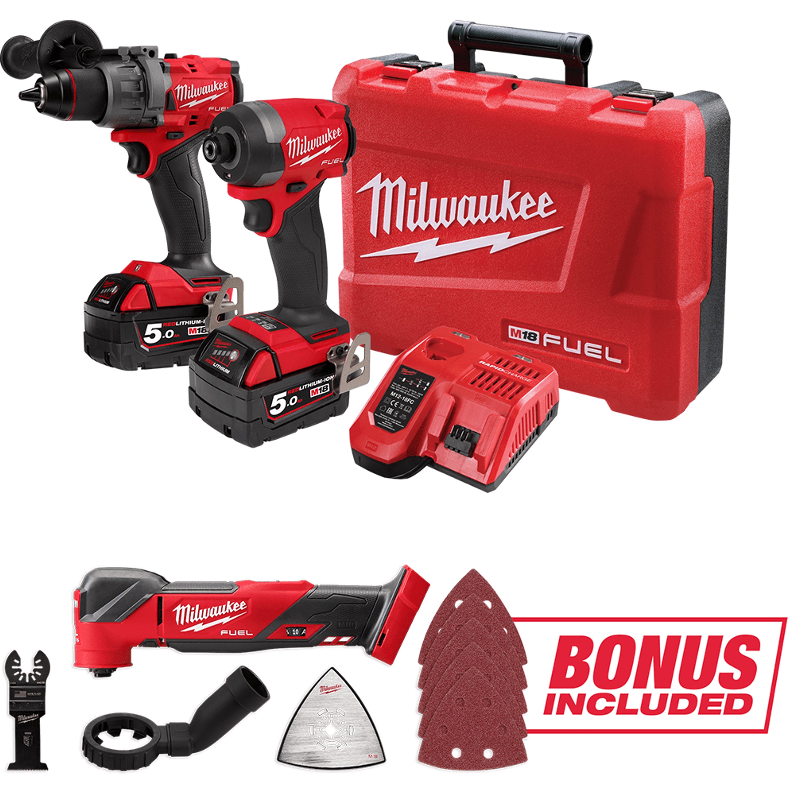 Milwaukee 2Pce 18V 5.0Ah FUEL™ Hammer Drill + Impact Driver Kit + BONUS Multitool M18FPP2AA3B502C