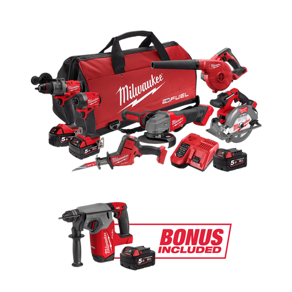 *Limited Edition* 6Pce 18V 5.0Ah FUEL™ Hammer Drill + Hex Impact Driver + Angle Grinder + Recip Saw + Circular Saw + Blower + Rotary Hammer Kit M18FPP6A4BF503B by Milwaukee