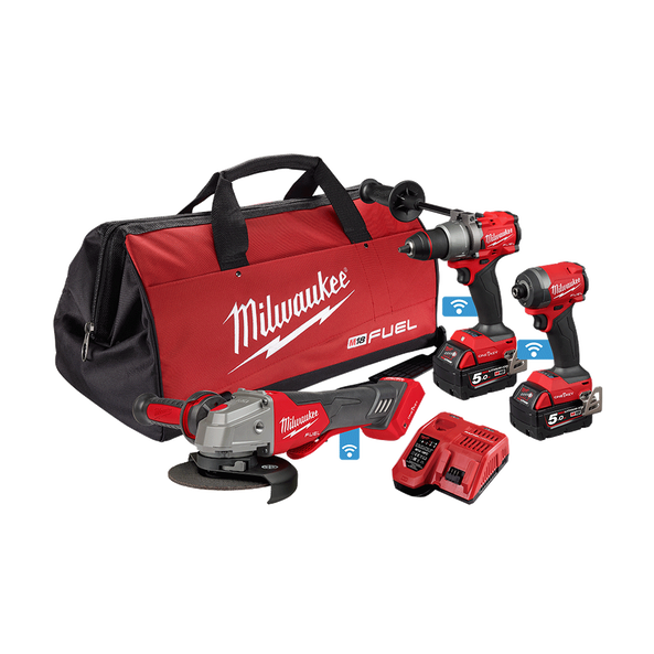 3Pce 18V 5.0Ah FUEL™ ONE-KEY™ Hammer Drill + Impact Driver + Angle Grinder Kit M18ONEPP3A3502B by Milwaukee