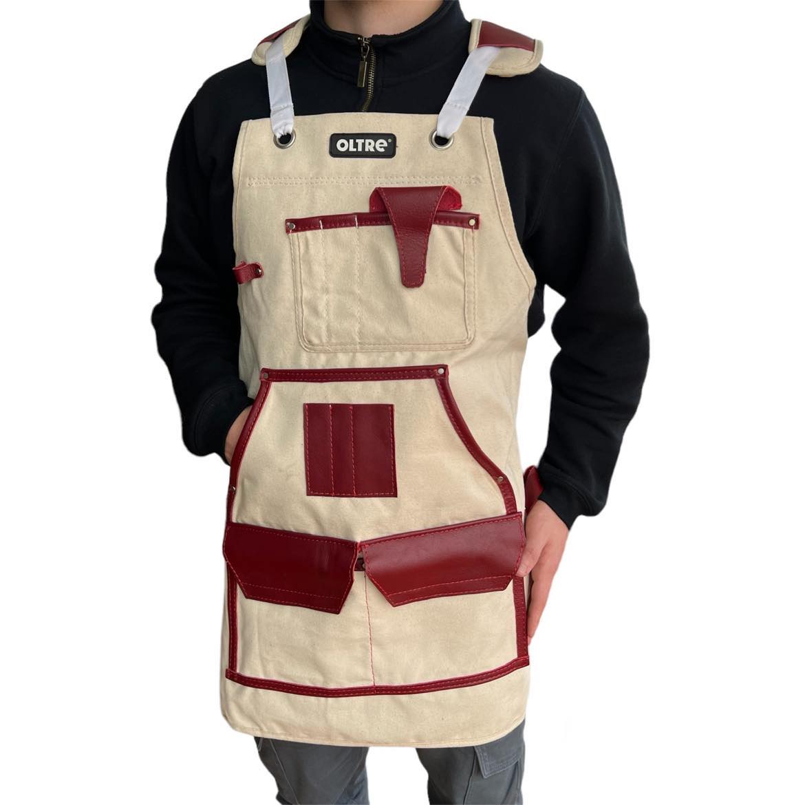 White Canvas With Red Leather Apron By Oltre *New Arrival*