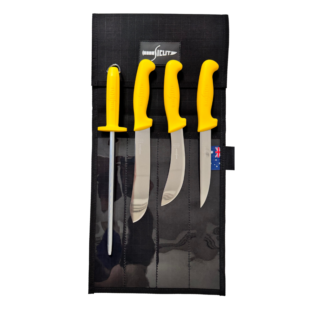 Sicut Premium German Steel Butchers Knife Package – Yellow Handle Set with Heavy Duty Canvas Wrap SCKPBUYE| 4Pce