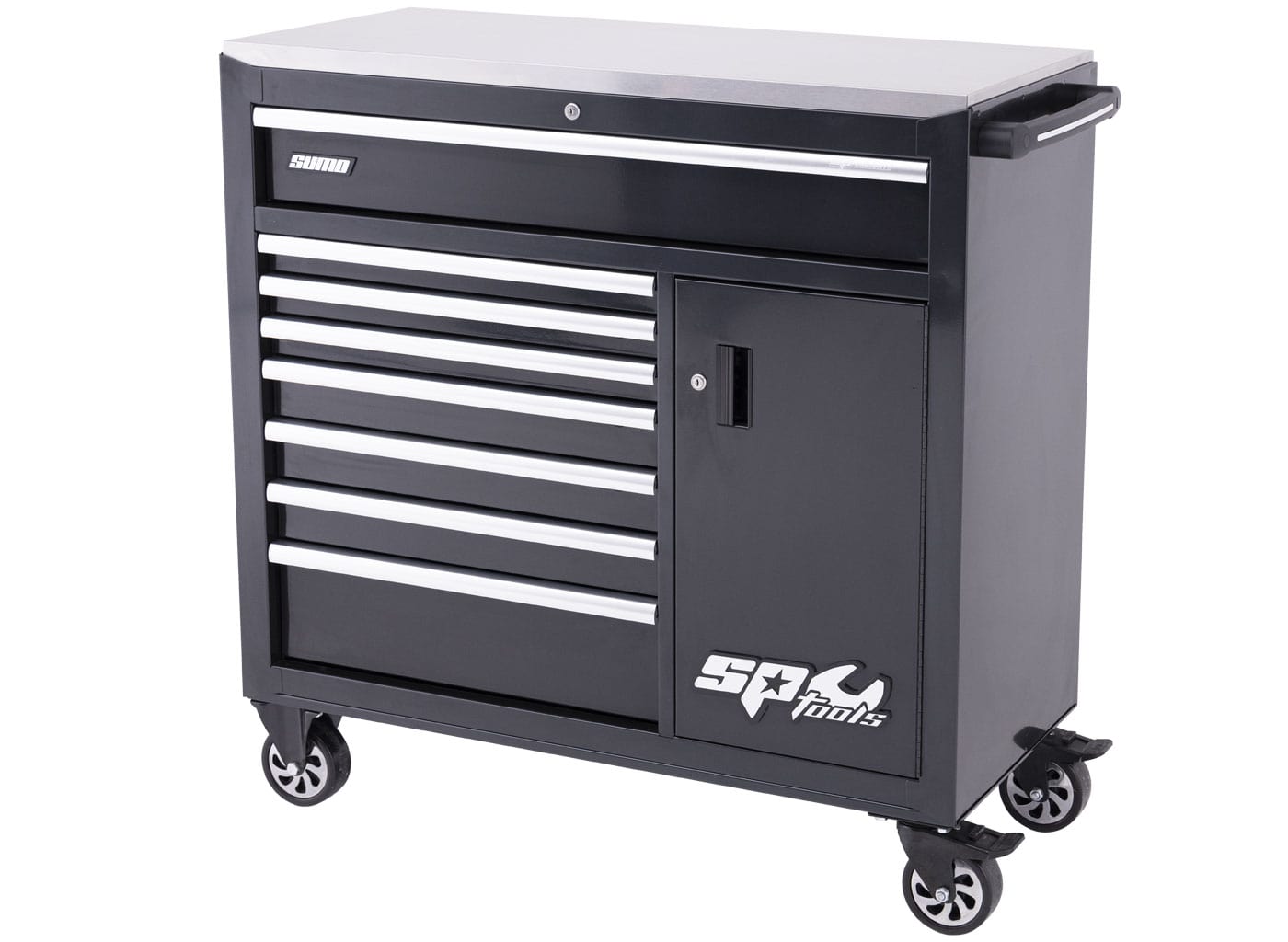 *Scratch 'n Dent* SP Tools Sumo Series 9 Drawer Black Roller Cabinet Tool Trolley (Empty) with Power Tool Cabinet SP40118