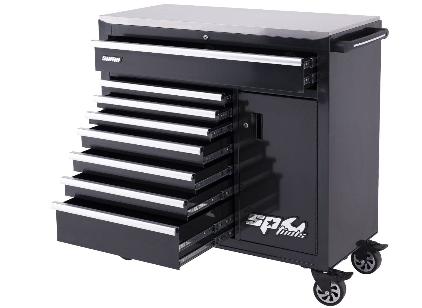 *Scratch 'n Dent* SP Tools Sumo Series 9 Drawer Black Roller Cabinet Tool Trolley (Empty) with Power Tool Cabinet SP40118