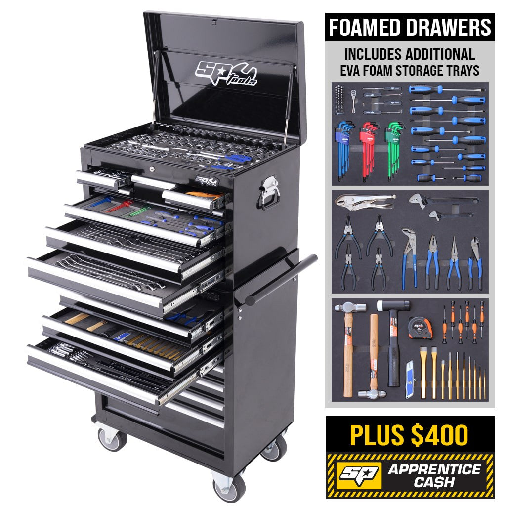 Custom Series Tool Kit 370Pce Metric/Sae Black/Chrome + BONUS Eva Storage Trays - SP50110X by SP Tools
