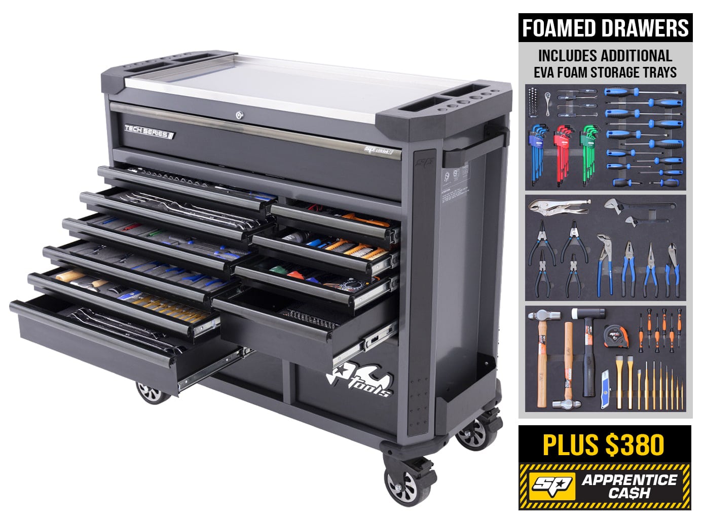 Tech Series Roller Cabinet Tool Kit, 369Pce Metric/Sae, Diamond Black + BONUS Eva Storage Trays - SP50765DX by SP Tools
