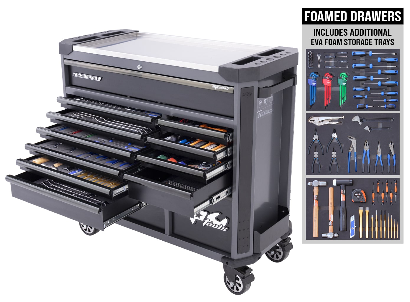 Tech Series Roller Cabinet Tool Kit, 369Pce Metric/Sae, Diamond Black + BONUS Eva Storage Trays - SP50765DX by SP Tools