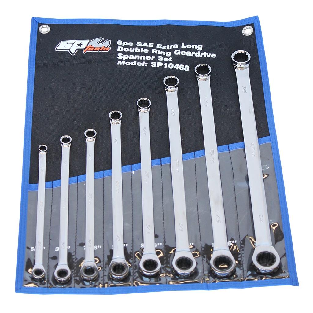 Double Ring Gear Drive Spanner Set, Extra Long, 0° Offset, SAE, 8Pce - SP10468 by SP Tools