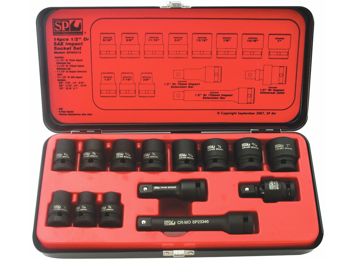 1/2"Drive Impact Socket Set, 6 Point Sae, 14Pce - SP20315 by SP Tools