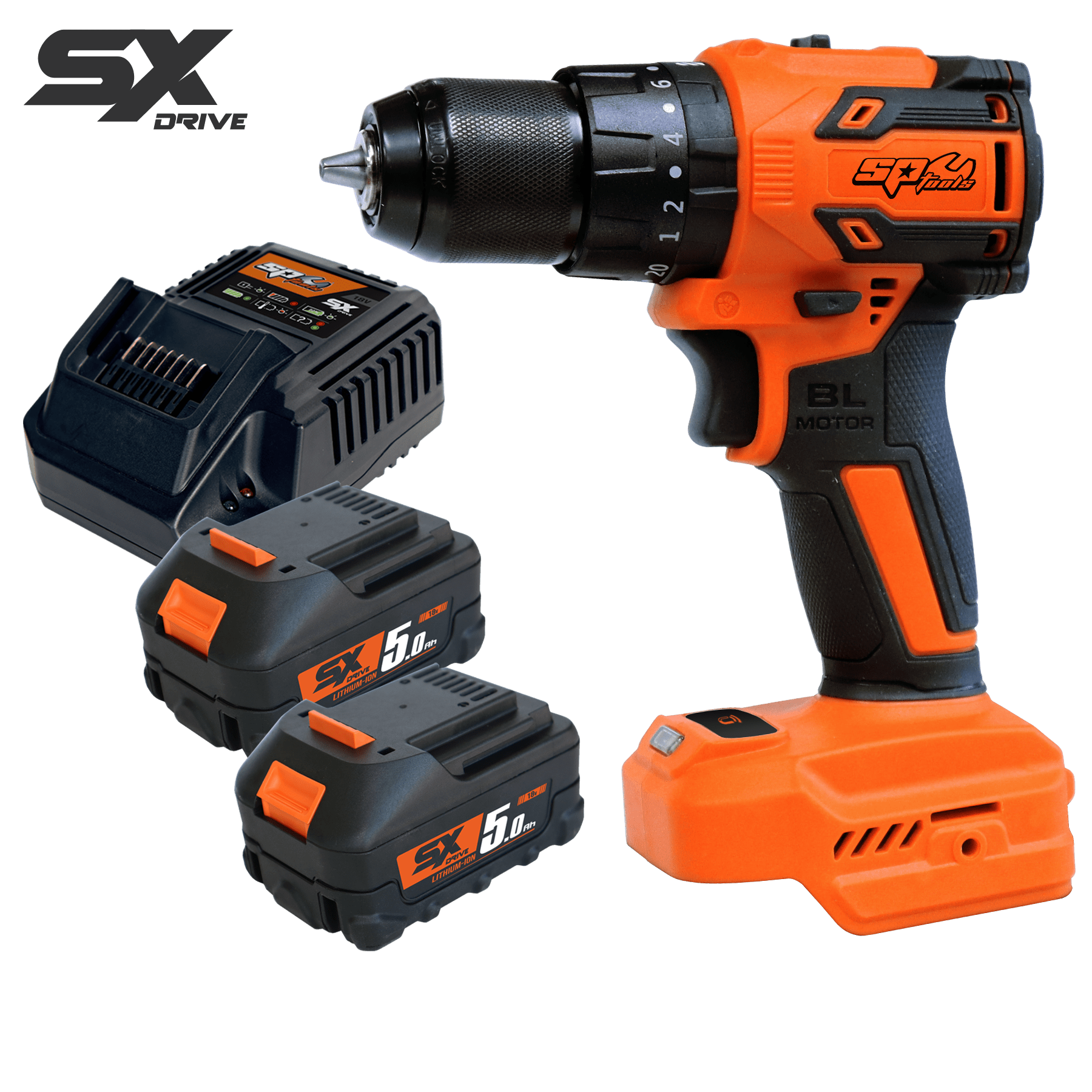 SP Tools SX Drive 2x 5.0Ah 18v 10mm (3/8") Brushless 2 Speed Hammer Drill Driver Kit SP83235