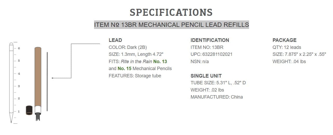 Rite in the Rain All Weather (Weatherproof) Mechanical Clicker Pencil Lead Refills (12 Pack)