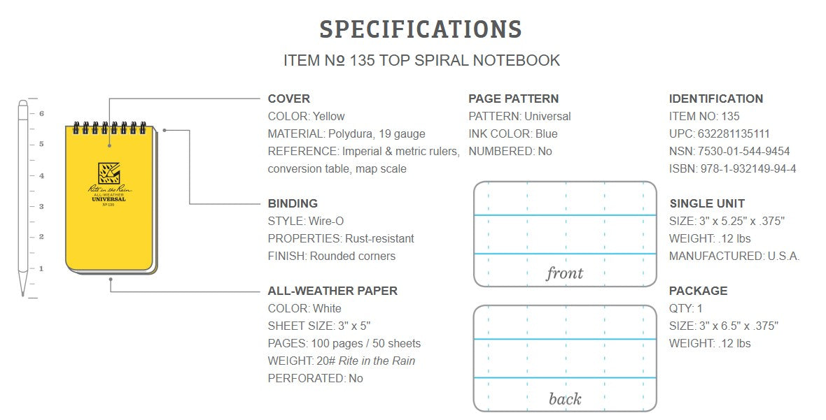 Rite in the Rain All Weather (Weatherproof) Universal Pattern Top Spiral Notebook 3" x 5"