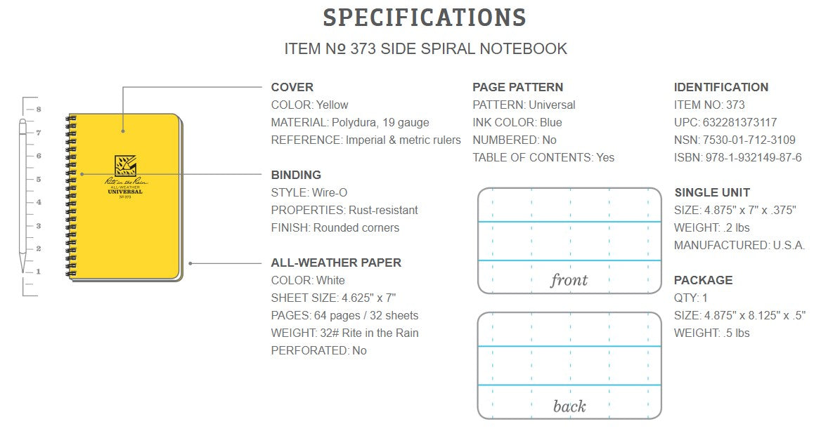 Rite in the Rain All Weather (Weatherproof) Universal Pattern Side Spiral Notebook 4.625" x 7"