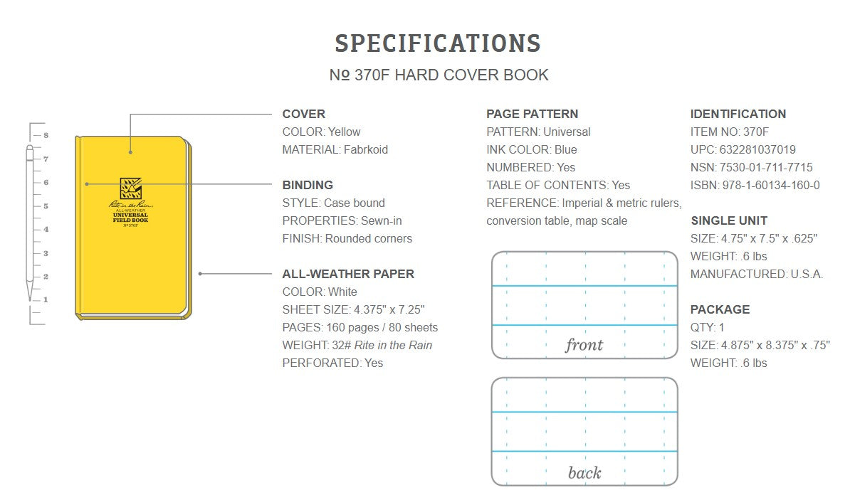 Rite in the Rain Hard Cover All Weather (Weatherproof) Universal Field Book Notebook 4.75" x 7.5"